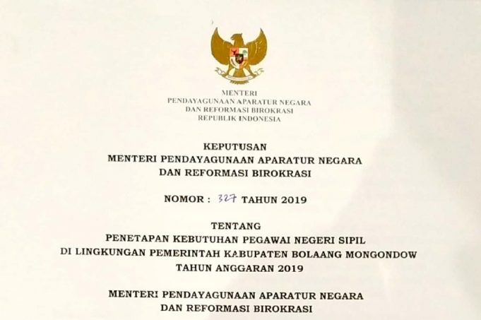 Penetapan Kebutuhan Formasi CPNS Tahun 2019 Pemkab Bolmong