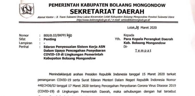 Mulai Hari Ini Pemkab Bolmong Penyesuaian Terhadap Sistem Kerja OPD Untuk Cegah Covid – 19
