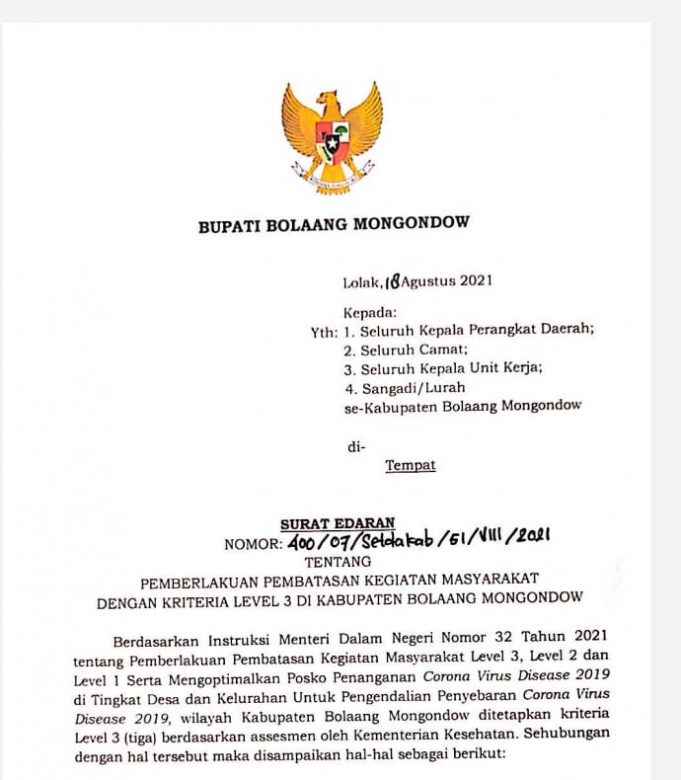 Pemkab Bolmong Terbitkan Surat Edaran PPKM Level 3