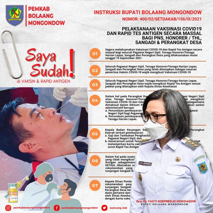 Pemkab Bolmong Gelar Rapid Tes Anti Gen Kepada ASN, THL, Honorer, Sangadi Dan Perangkat Desa