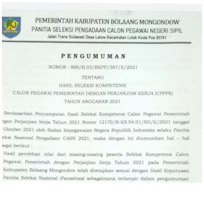 PENGUMUMAN HASIL SELEKSI CALON PPPK TAHUN 2021