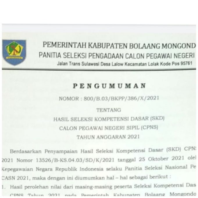 PENGUMUMAN HASIL SELEKSI KOMPETENSI DASAR CPNS TAHUN 2021
